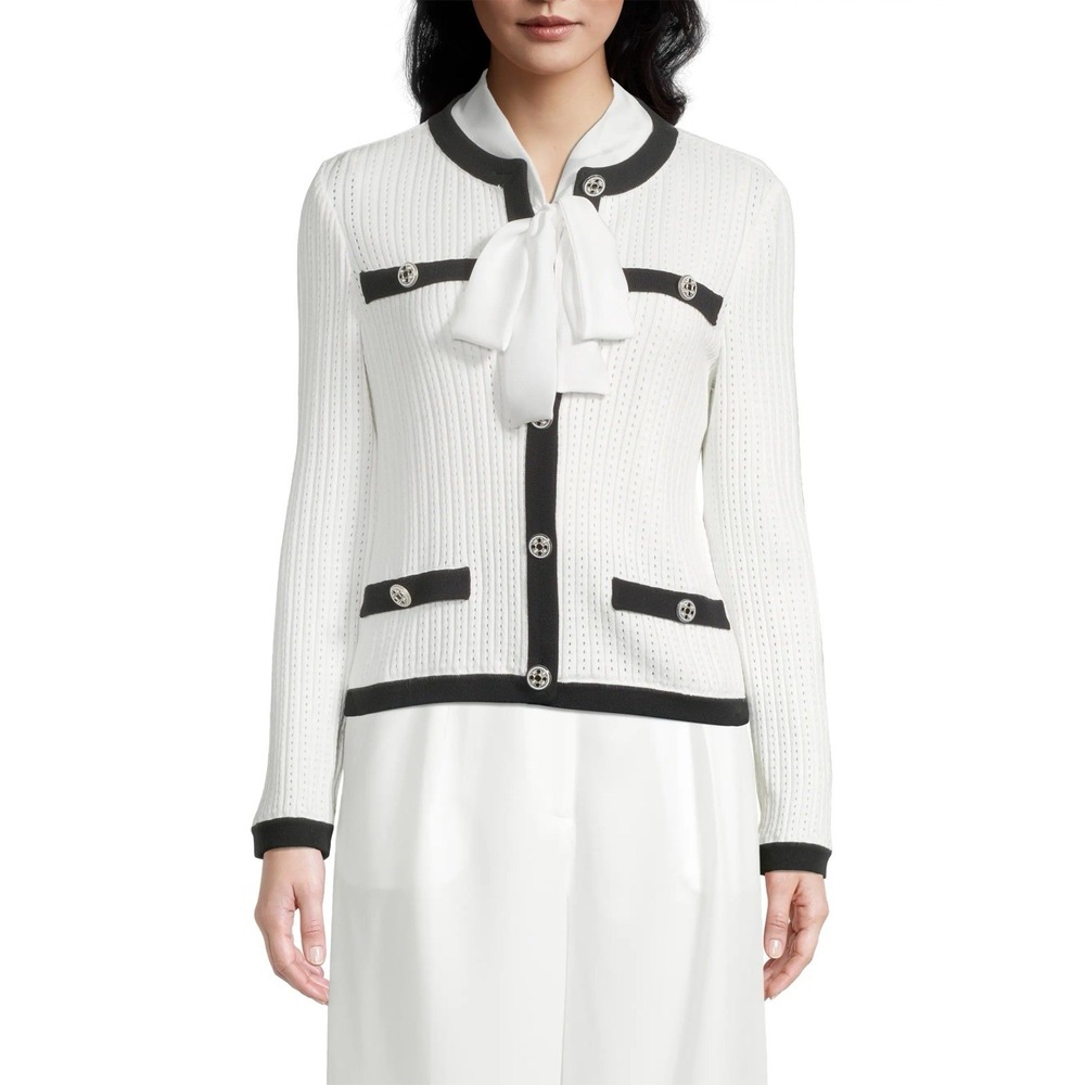 Misook Button Front Knit Jacket L White Black Contrast Pearl Button Cardigan